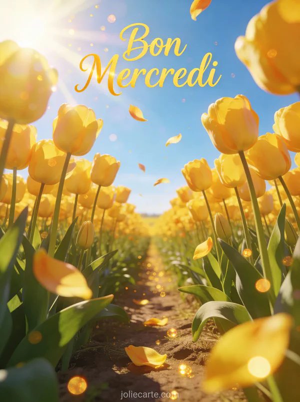 Champ de tulipes jaunes éclatantes sous un ciel bleu clair avec une lumière printanière dorée