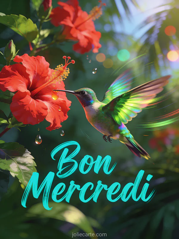 Colibri irisé en vol près d'une fleur d'hibiscus rouge vif avec des ailes créant des traînées de mouvement