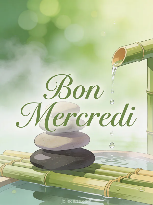 Pierres zen empilées en équilibre près d'une fontaine en bambou avec brume matinale et ambiance apaisante