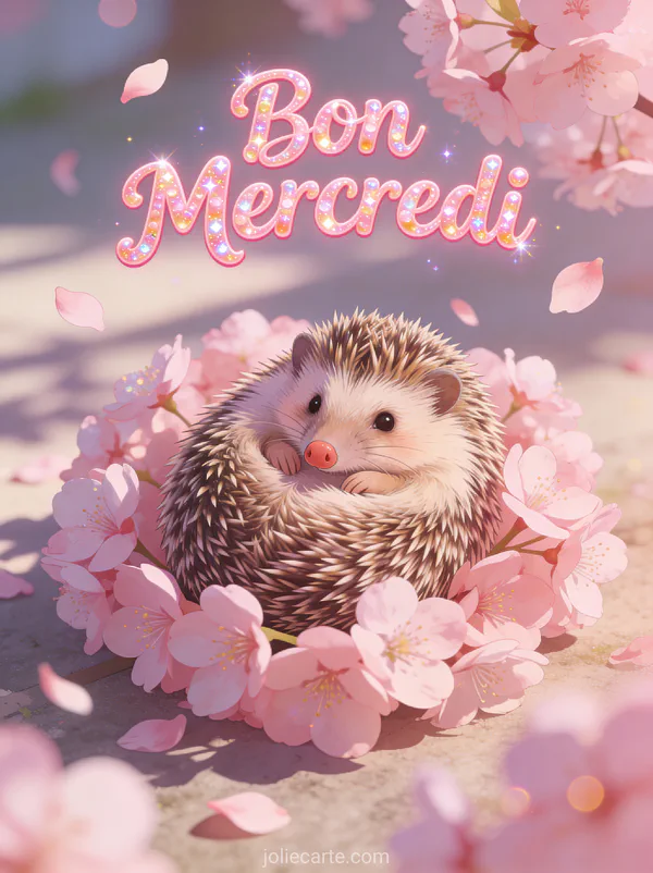 Hérisson pygmée mignon roulé en boule parmi des pétales de cerisier roses dans une douce lumière de printemps