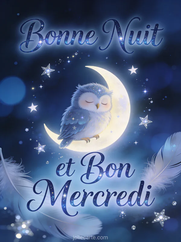 Petite chouette endormie perchée sur un croissant de lune entouré d'étoiles scintillantes dans un ciel nocturne
