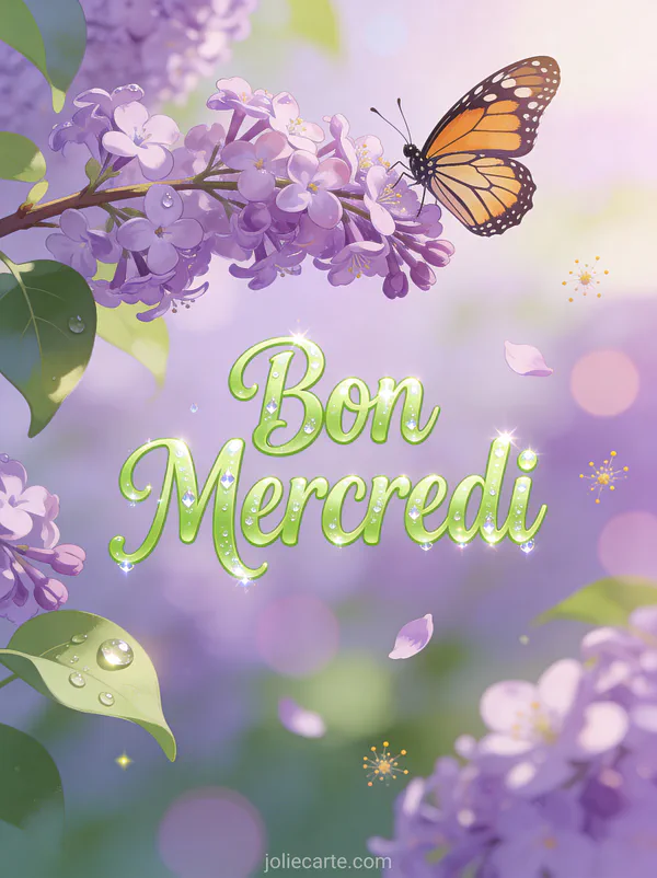 Papillon monarque aux ailes orange et noir posé sur des fleurs de lilas violettes avec rosée du matin