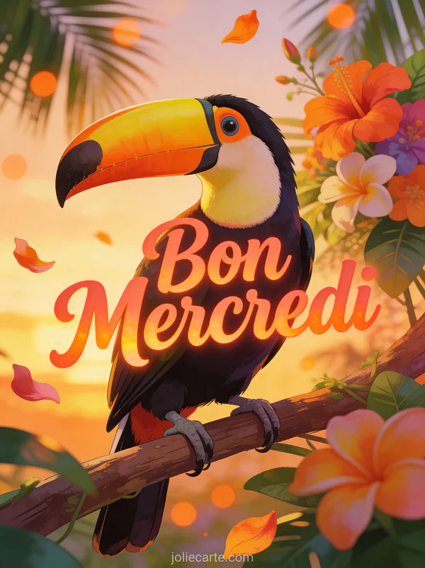 Toucan coloré au bec orange vif perché sur une branche tropicale entouré de fleurs exotiques et feuilles de palmier