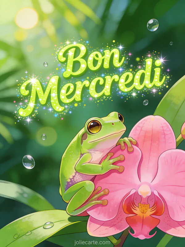 Petite rainette verte aux grands yeux agrippée à une orchidée rose vif dans une forêt tropicale luxuriante