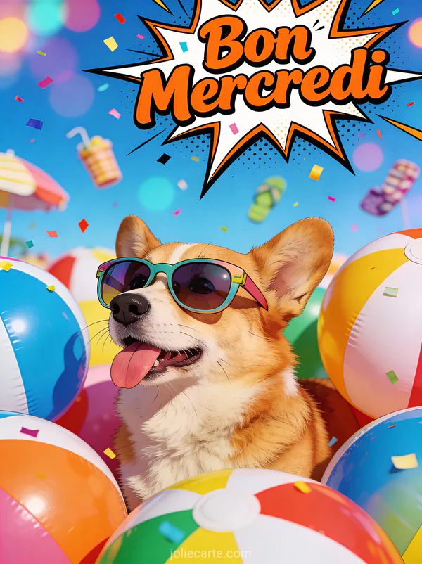 Corgi rigolo avec la langue de travers portant des lunettes de soleil surdimensionnées entouré de ballons colorés