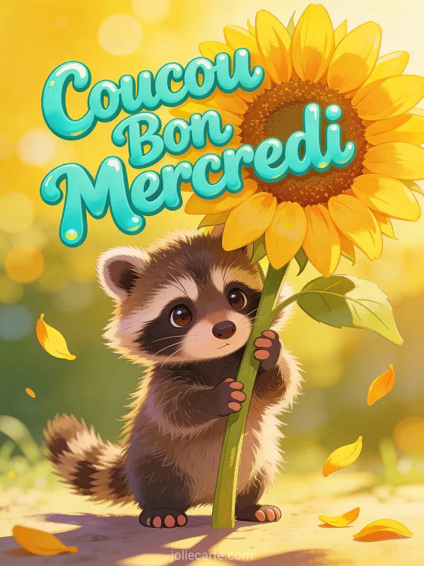 Bébé raton laveur mignon qui regarde curieusement derrière un grand tournesol avec une lumière estivale dorée