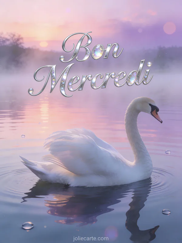 Cygne blanc élégant glissant sur un lac miroir avec brume matinale et reflets roses et violets de l'aube