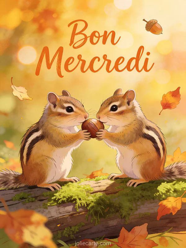Deux tamias mignons partageant une noisette sur une bûche moussue avec des feuilles d'automne dorées autour