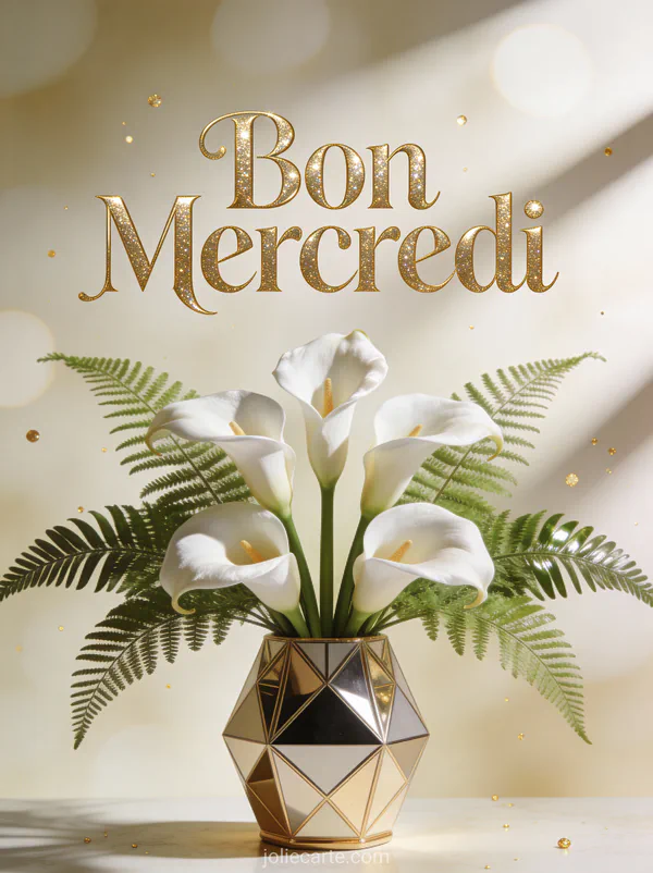 Arrangement élégant d'arums blancs et fougères vertes dans un vase art déco avec une lumière douce sophistiquée