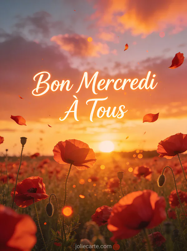 Champ de coquelicots rouges ondulant sous un coucher de soleil doré et orange avec des nuages rose et or