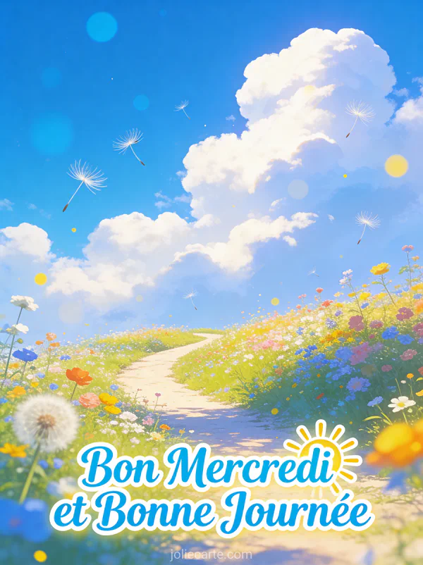 Chemin sinueux traversant une prairie fleurie colorée sous un ciel bleu avec des nuages blancs et soleil radieux