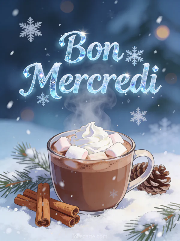 Tasse de chocolat chaud avec marshmallows et crème fouettée entourée de pommes de pin et de neige fraîche