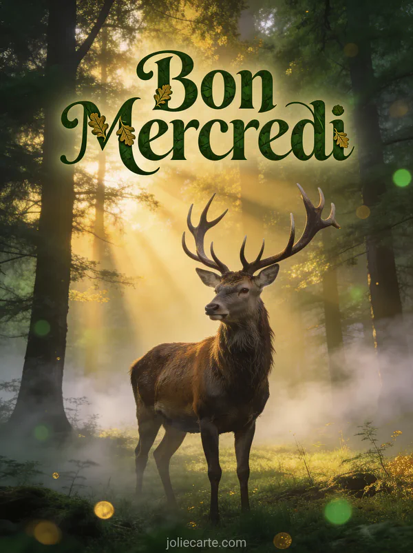 Cerf majestueux aux grands bois dans une clairière brumeuse avec rayons de soleil filtrant à travers les arbres