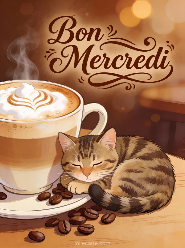 Chat tigré mignon lové à côté d'une grande tasse de café latte avec grains de café et lumière chaude