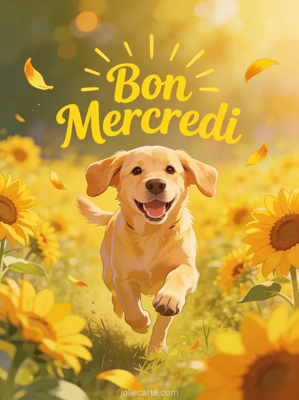 Labrador doré joyeux courant avec la langue dehors dans un champ de tournesols sous un soleil éclatant