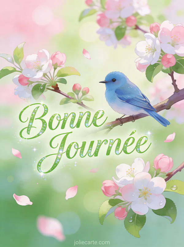 Oiseau bleu chantant sur une branche de pommier en fleurs roses et blanches avec lumière printanière douce