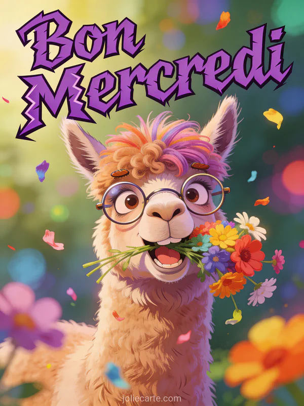 Lama hilarant avec une coupe de cheveux ridicule portant des petites lunettes rondes et mâchant des fleurs