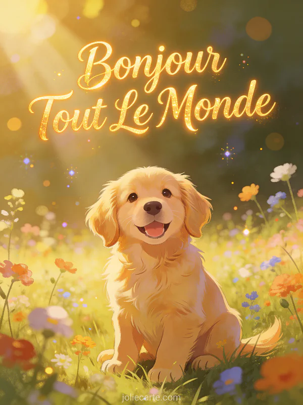 Adorable chiot golden retriever assis dans une prairie ensoleillée avec des fleurs sauvages colorées, texte Bonjour Tout Le Monde en lettres dorées