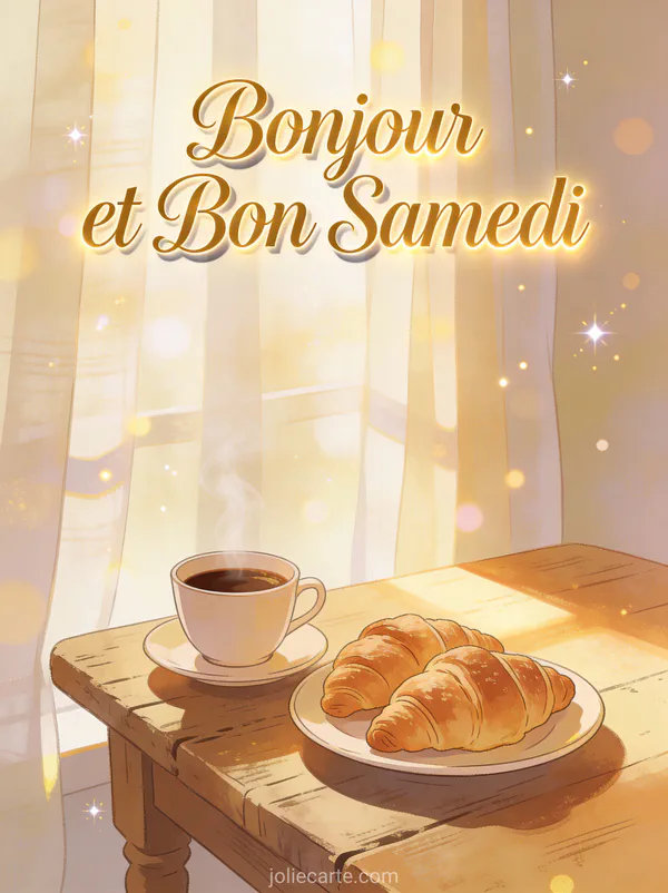 GIF anime bonjour et bon samedi avec tasse de cafe fumante et croissants sur table en bois, lumiere du matin