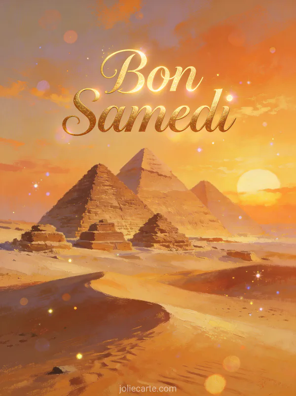 Carte Bon Samedi avec vue majestueuse des pyramides egyptiennes au lever du soleil dans le desert