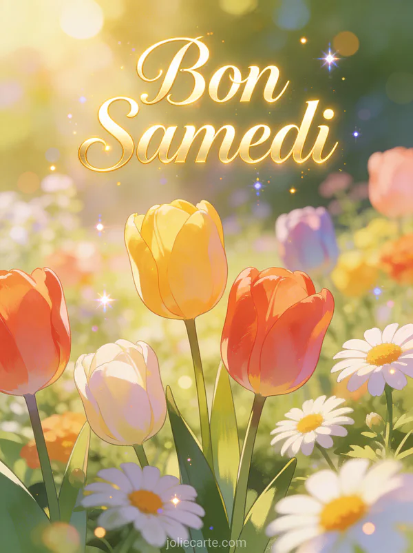 Carte bon samedi avec jardin printanier, tulipes colorées et marguerites sous la lumière dorée du matin