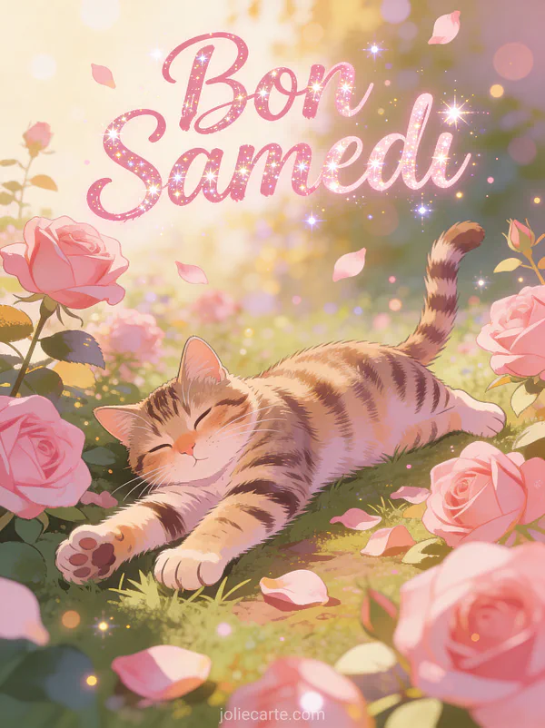 Image animée gratuite bon samedi avec chat tigré adorable se prélassant parmi des roses roses dans un jardin