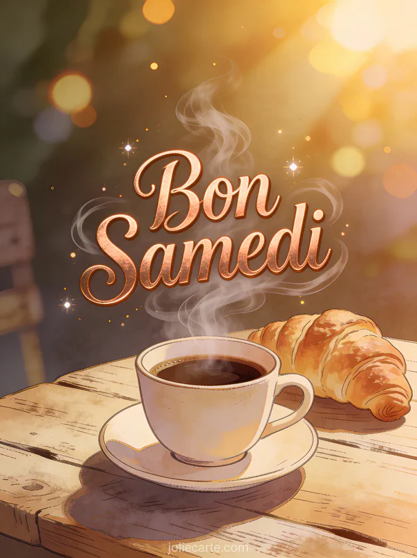 Carte bon samedi ensoleillé avec tasse de café fumant sur table rustique, croissants et lumière dorée du matin