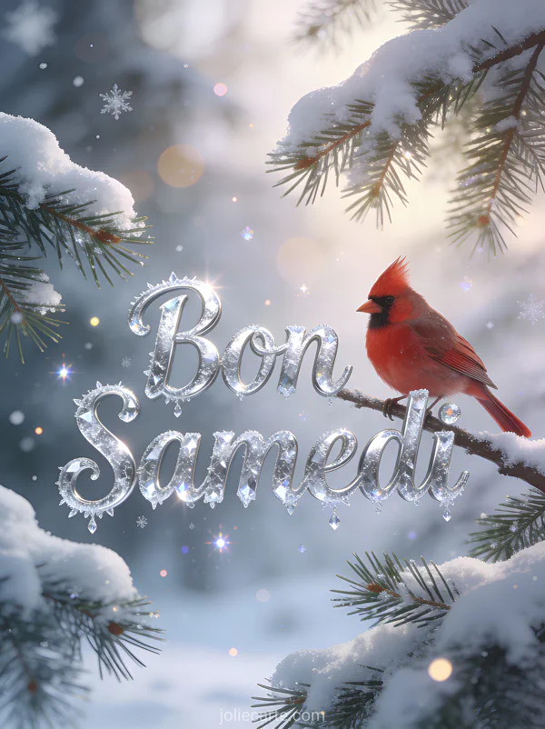 Carte bon samedi de décembre avec branches de pin enneigées, cardinal rouge et lumière hivernale cristalline