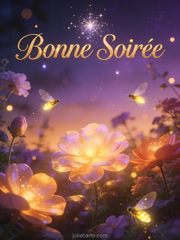 Carte bonne soirée gif scintillant animé avec effets lumineux féeriques et particules brillantes