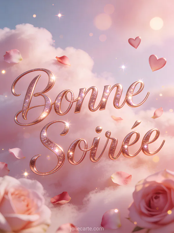 Image bonne soirée bisous avec cœurs roses et pétales de rose sur fond romantique
