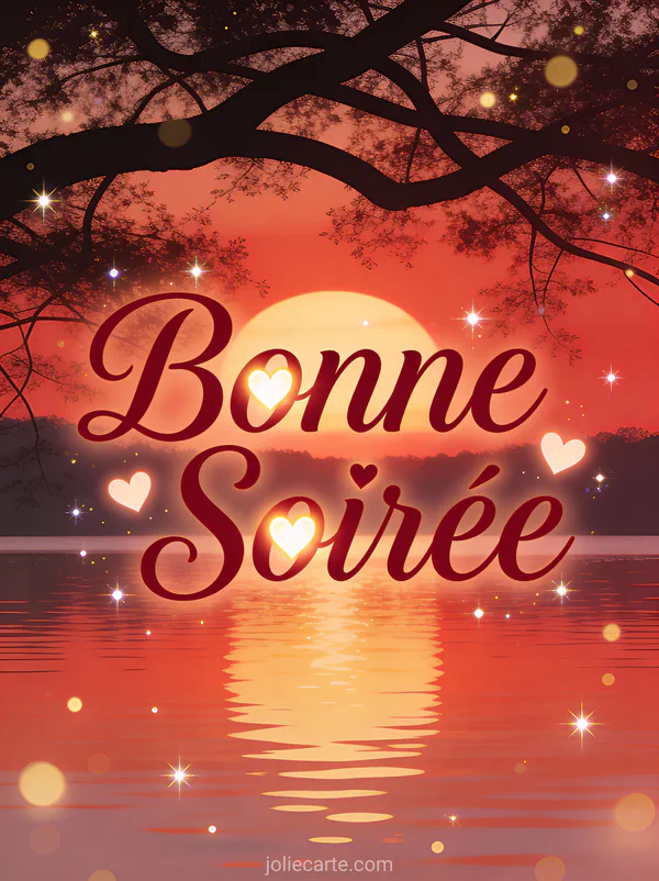 Carte bonne soirée amoureux avec coucher de soleil romantique et cœurs enlacés