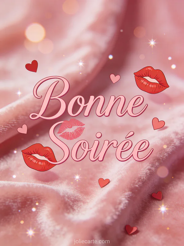 Image bonne soirée et bisous avec cœurs flottants et pétales roses sur fond velours