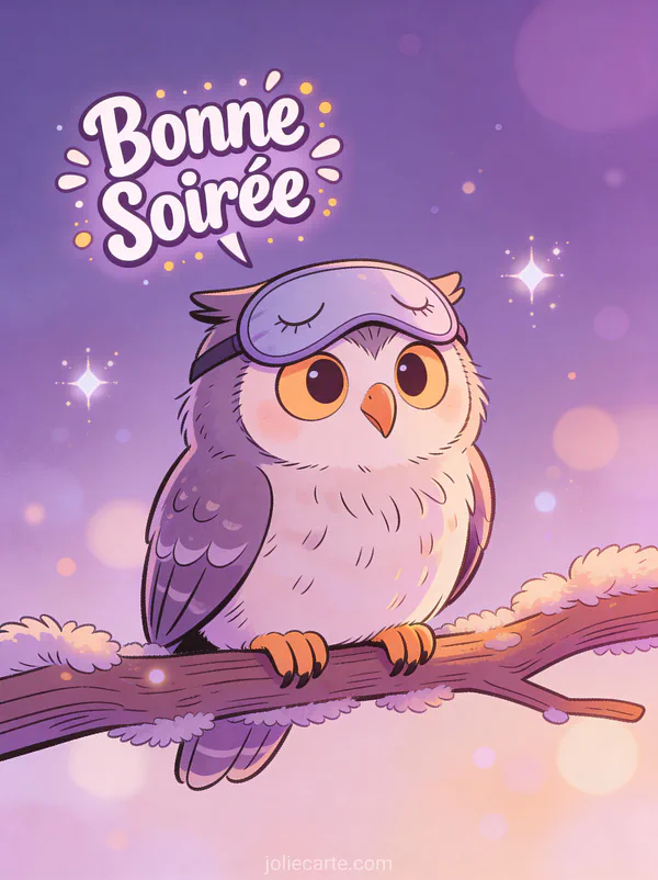 Carte bonne soirée humour avec hibou drôle portant un masque de sommeil sur branche