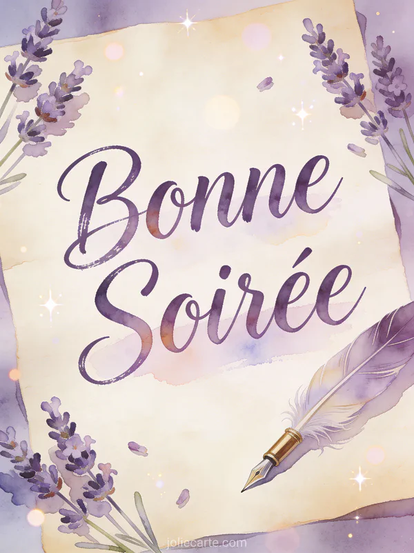 Carte texte bonne soirée avec calligraphie élégante sur parchemin et fleurs séchées