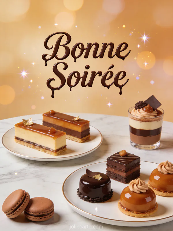 Carte bonne soirée gourmande avec macarons colorés et desserts sur table en marbre