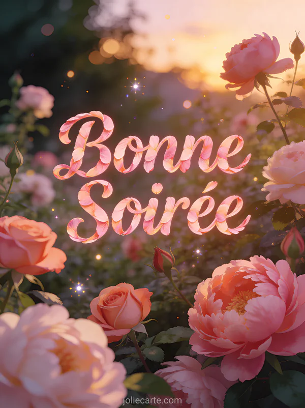 Carte bonne soirée fleurie avec roses et pivoines dans jardin romantique au crépuscule
