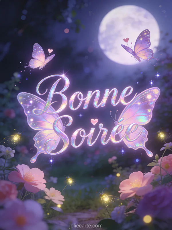 Carte bonne soirée bisous papillon avec papillons irisés portant des cœurs dans jardin enchanté