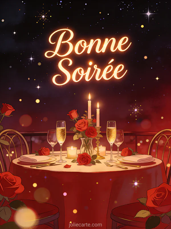 Carte bonne soirée en amoureux avec table romantique chandelles roses et ciel étoilé