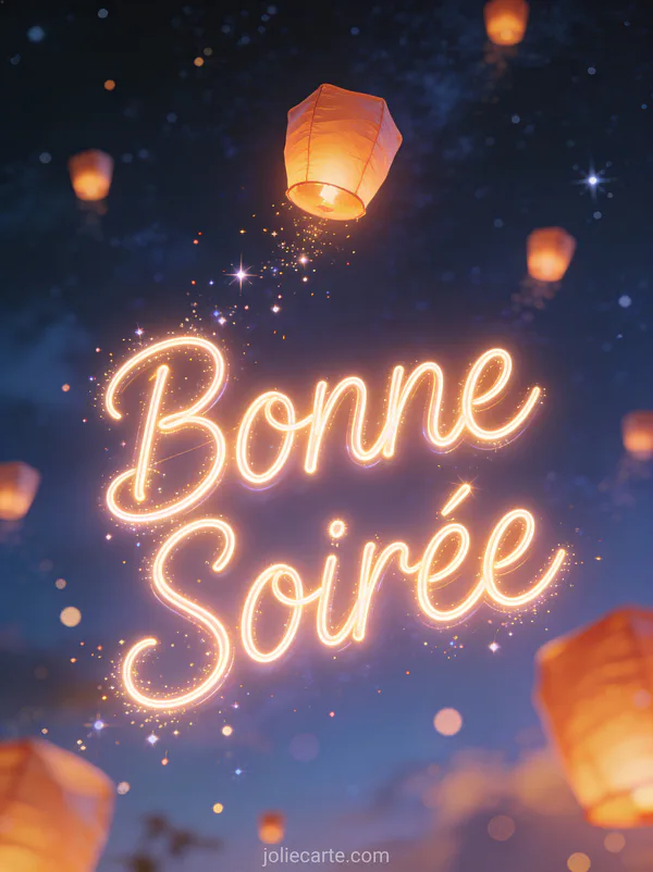 Bonne soirée image gif avec lanternes magiques flottant dans ciel étoilé nocturne