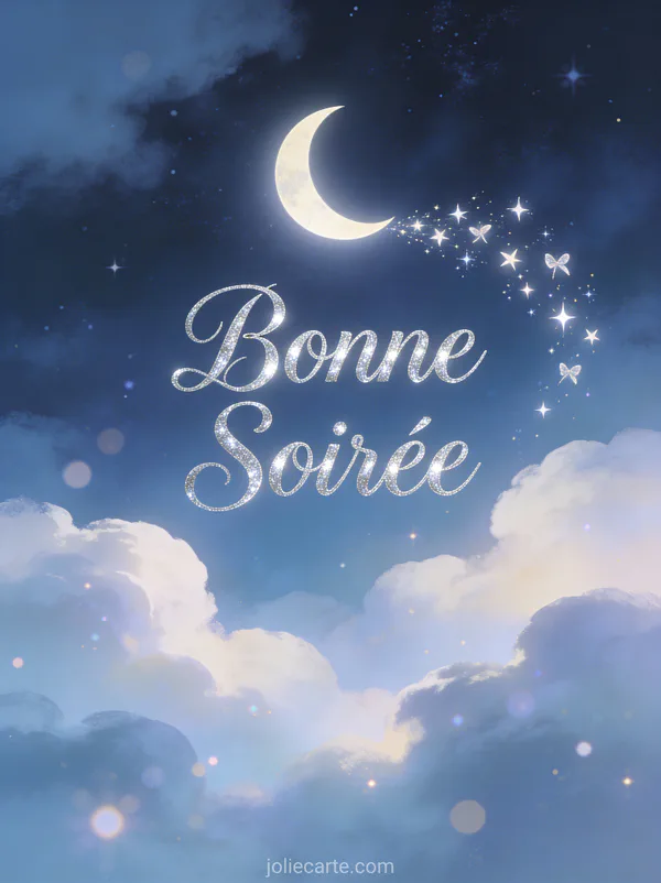 Carte bonne soirée et nuit bisous avec croissant de lune envoyant des étoiles baisers
