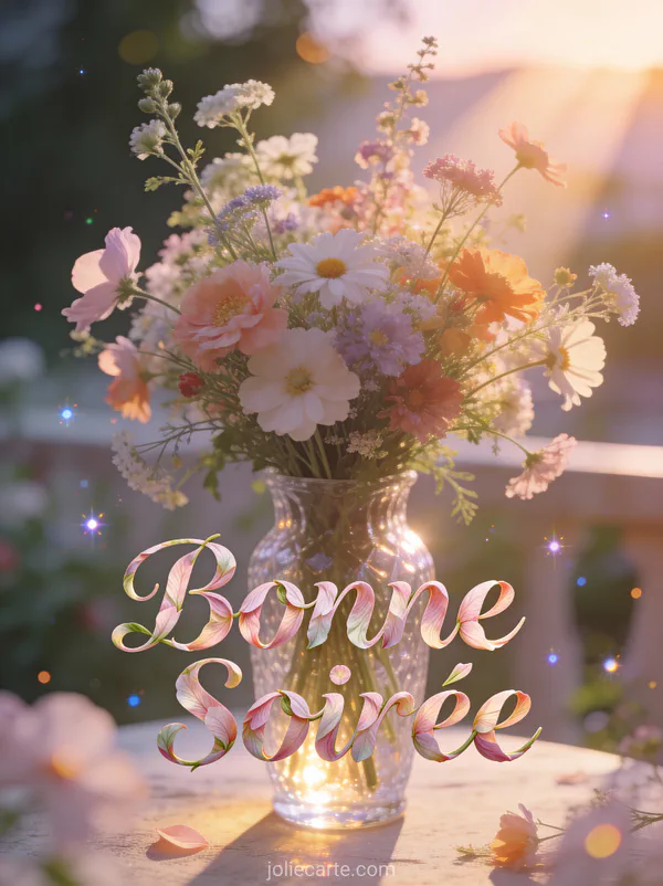 Image bonne soirée avec bouquet de fleurs sauvages colorées dans vase cristal lumière dorée