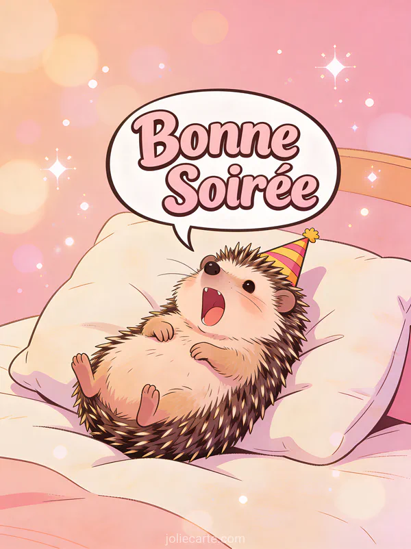 Carte bonne soirée amies humour avec hérisson mignon portant chapeau de fête sur coussin