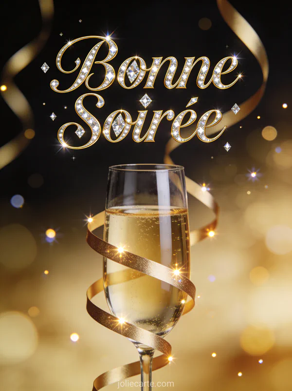 Carte bonne soirée glamour avec coupe de champagne rubans dorés et lumières scintillantes