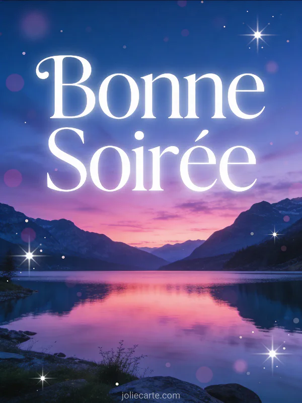 Image bonne soirée jpg avec montagnes et lac reflet crépuscule rose et violet