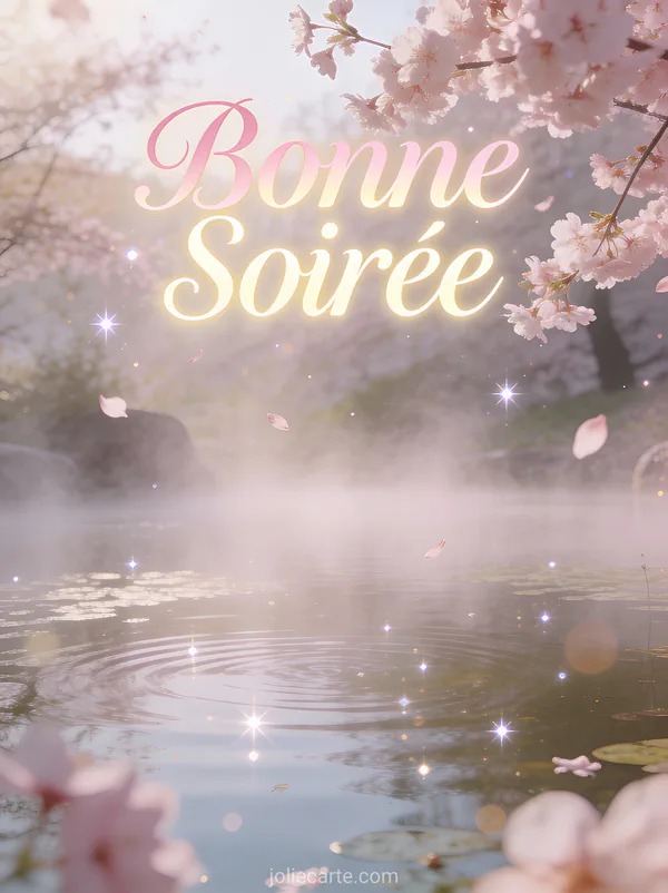 Carte tendresse doux bonne soirée gif avec fleurs de cerisier sur étang brume douce