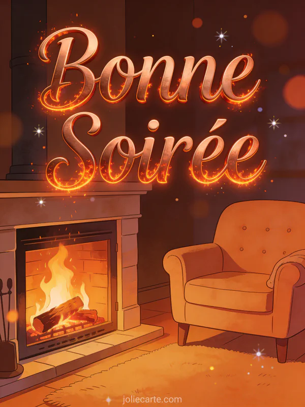 Carte bonne soirée au coin cheminée avec flammes crépitantes fauteuil confortable et plaid