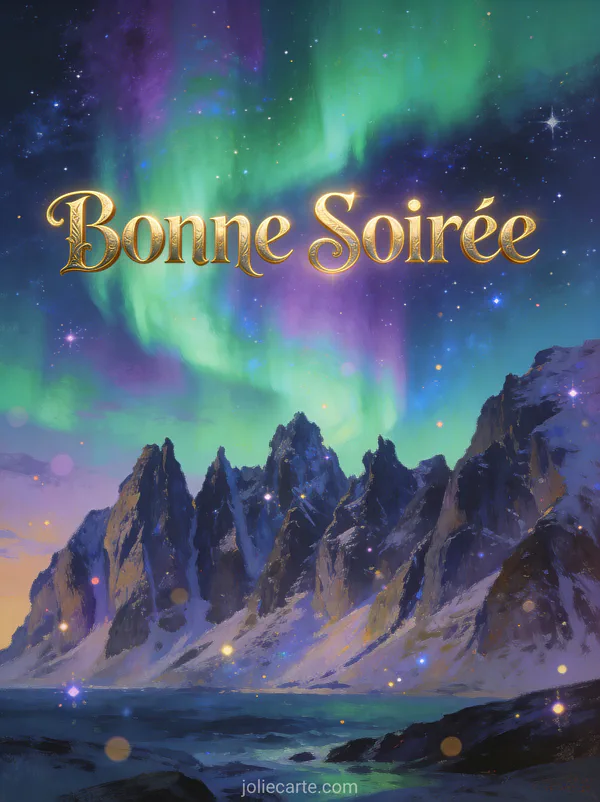 Carte merveille du monde bonne soirée avec aurores boréales vertes sur montagnes enneigées