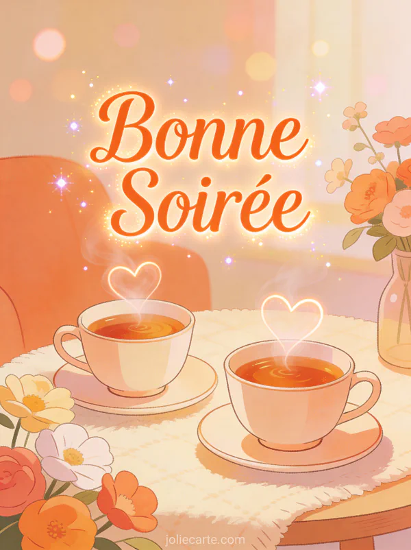 Carte souhaiter bonne soirée amie avec deux tasses thé fleurs et ambiance amicale