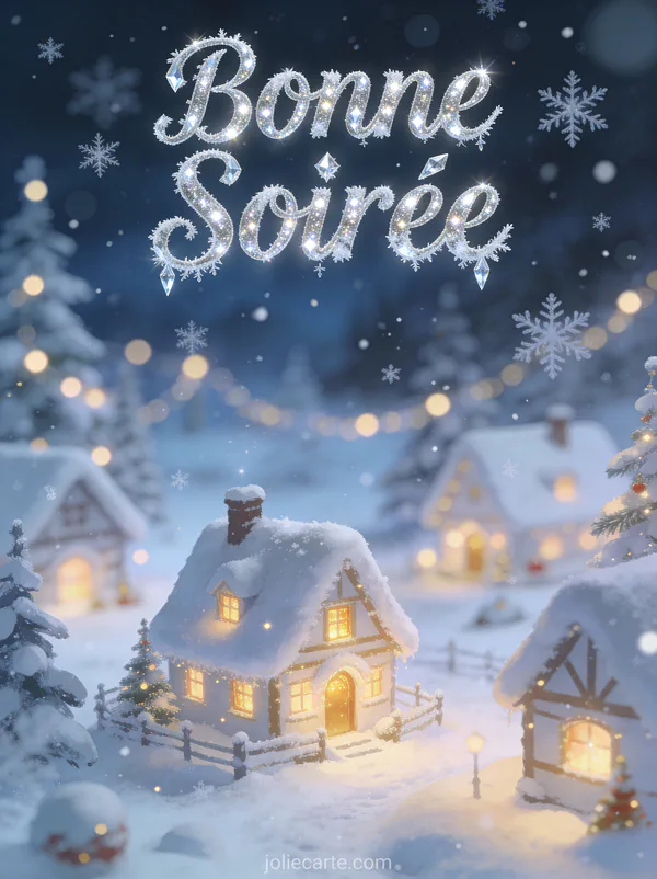 Gif bonne soirée Noël avec village enneigé cottages lumineux et flocons tombants