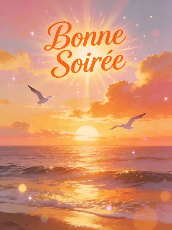 Carte bonne soirée au soleil avec coucher soleil océan nuages orangés et mouettes